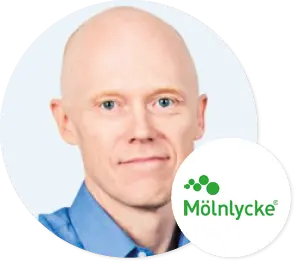 Company logo and headshot of Magnus Paledzki, Group Manager – Foam R&D, Mölnlycke Health Care