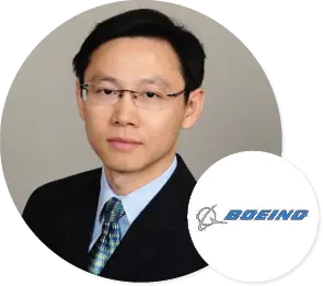 Company logo and headshot of Dr. Xiaoxi Wang, Associate Technical Fellow, Boeing